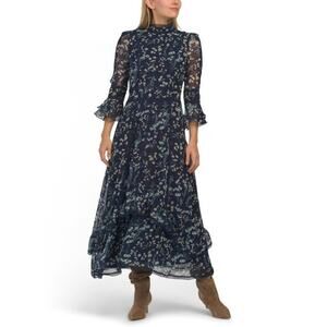 Dalia MacPhee Floral Lace Ruffle Maxi Dress Bell Sleeve Cottagecore Midi Prairie